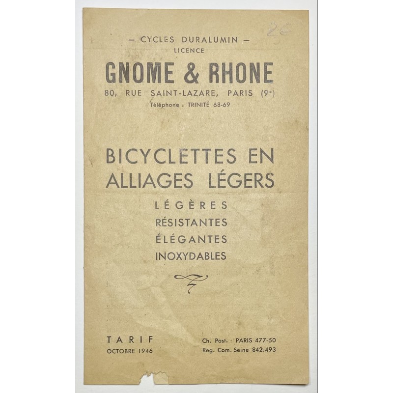 1946 - Tarif Cycles duralumin licence Gnôme & Rhône à Paris