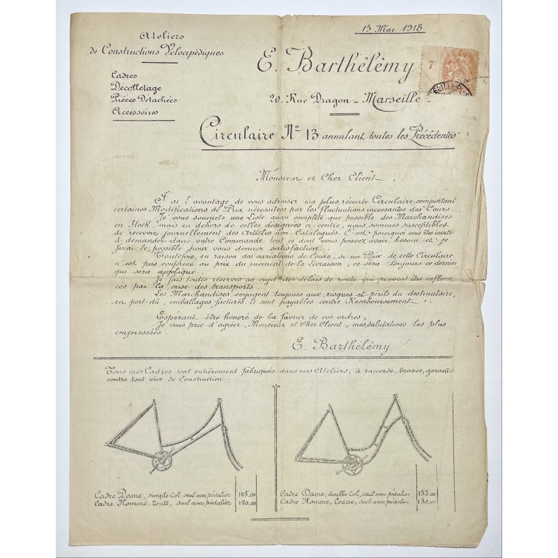 1918 - Tarif E. Barthélémy à Marseille (Bouches-du-Rhône)
