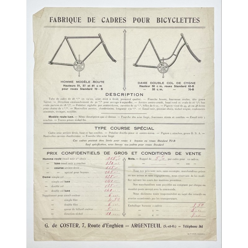 1920 (circa) - catalogue G. de Coster à Argenteuil (Seine-et-Oise) - fabrique de cadres pour bicyclettes