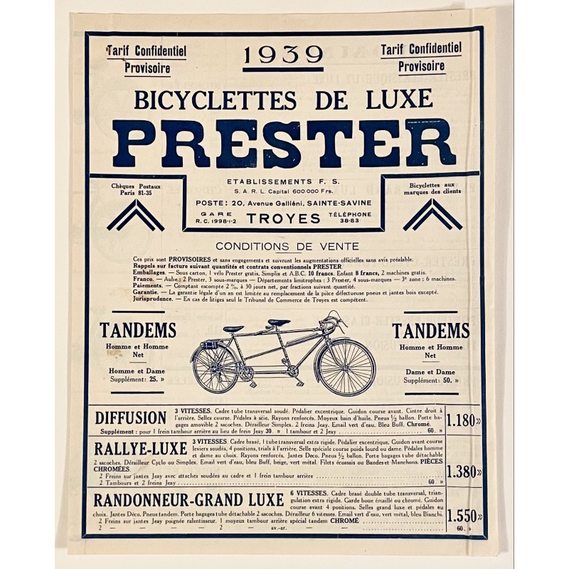 1939 - Catalogue Cycles Prester à Troyes (Aube)