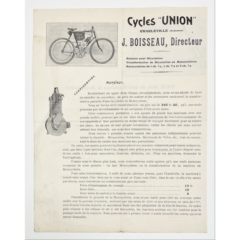 1902 - Feuillet Cycles et moteur auxiliaire Union à Charleville (Ardennes)