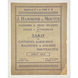 1923 - Supplément n°1 au Tarif Album n°35 J. Hammond et Mouter à Paris