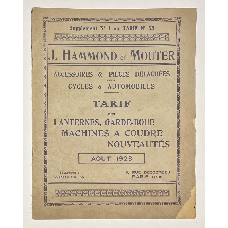 1923 - Supplément n°1 au Tarif Album n°35 J. Hammond et Mouter à Paris