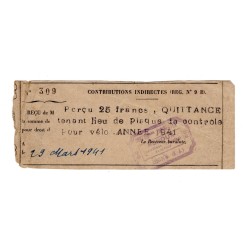 1941 - Quittance tenant lieu de plaque fiscale de vélo pour 1941