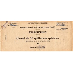 1956 - Carnet de 10 quittances spéciales (procès verbal pour défaut de paiement de la taxe fiscale d'une bicyclette)