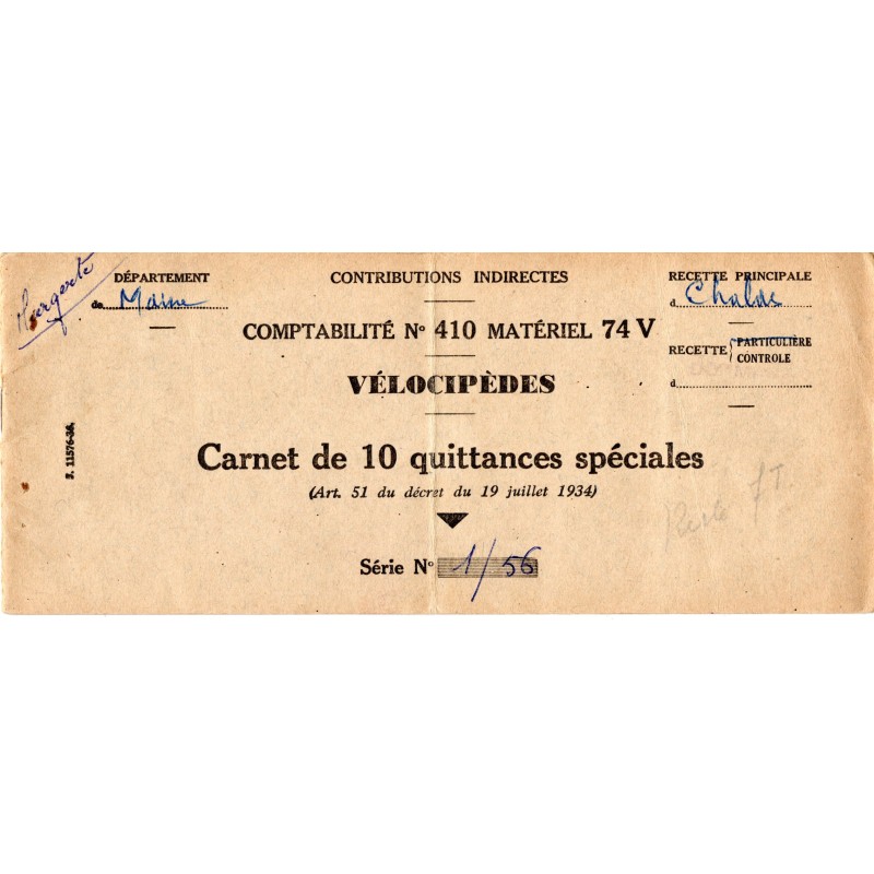 1956 - Carnet de 10 quittances spéciales (procès verbal pour défaut de paiement de la taxe fiscale d'une bicyclette)