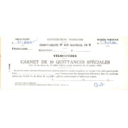 1956 - Carnet de 10 quittances spéciales (procès verbal pour défaut de paiement de la taxe fiscale d'une bicyclette)