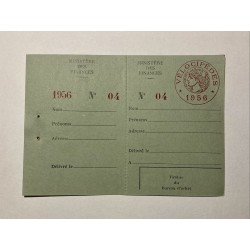 1956 - carte vierge avec talon pour la quittance de la taxe sur les vélocipèdes 1956