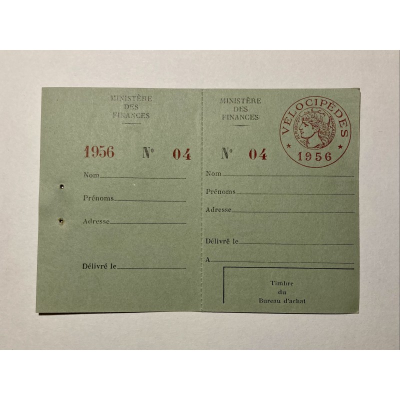 1956 - carte vierge avec talon pour la quittance de la taxe sur les vélocipèdes 1956